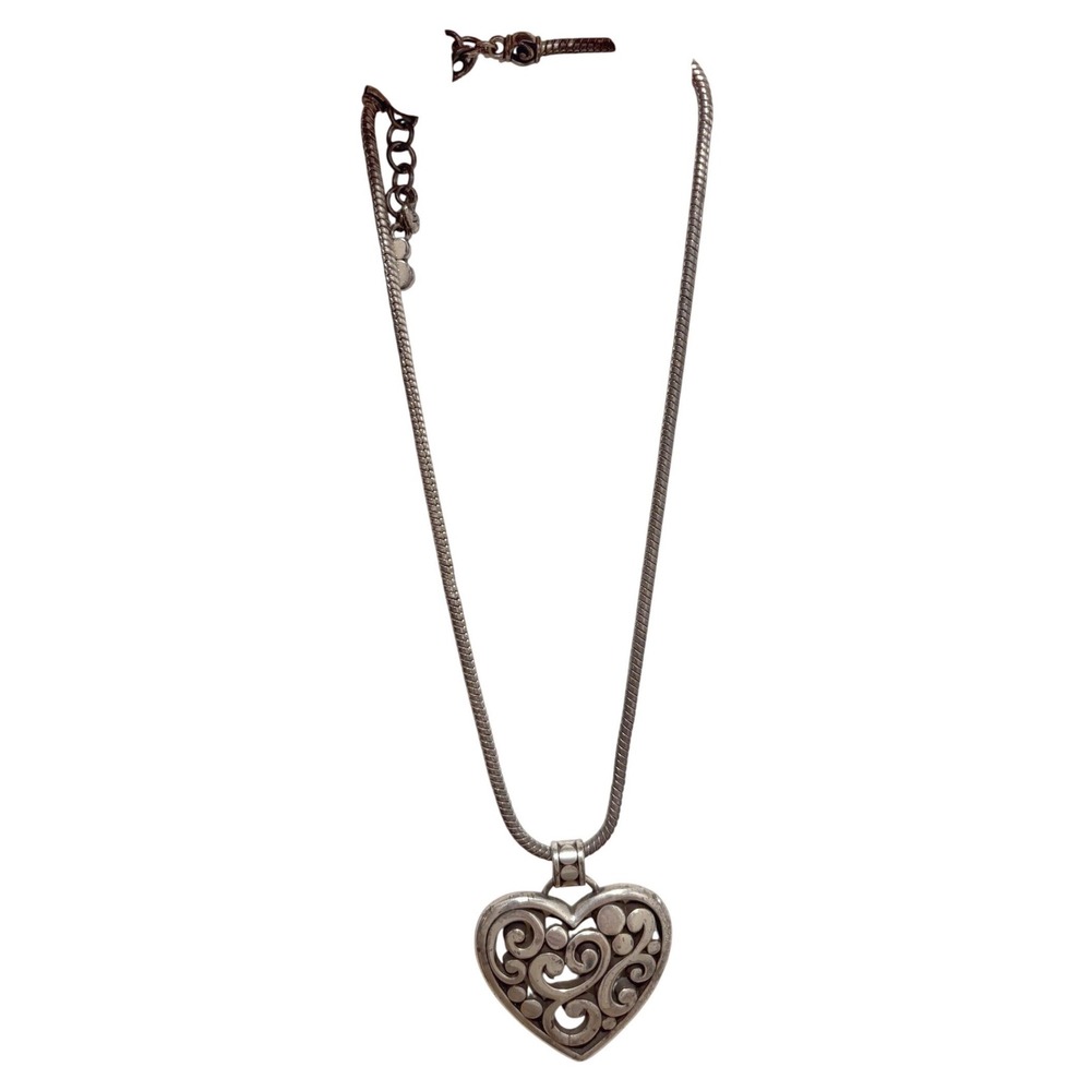 Brighton Silver Tone Filigree Heart Pendant Snake Chain Necklace Adjustable